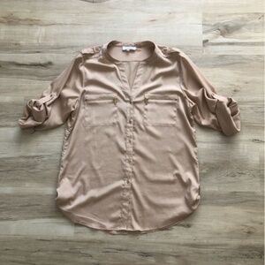 Calvin Klein Champagne Long Sleeve Blouse with Mandarin Collar